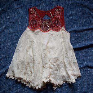 FREE PEOPLE XS Embellished Boho Indian Boho Chiffon Beaded Red White Tank Top